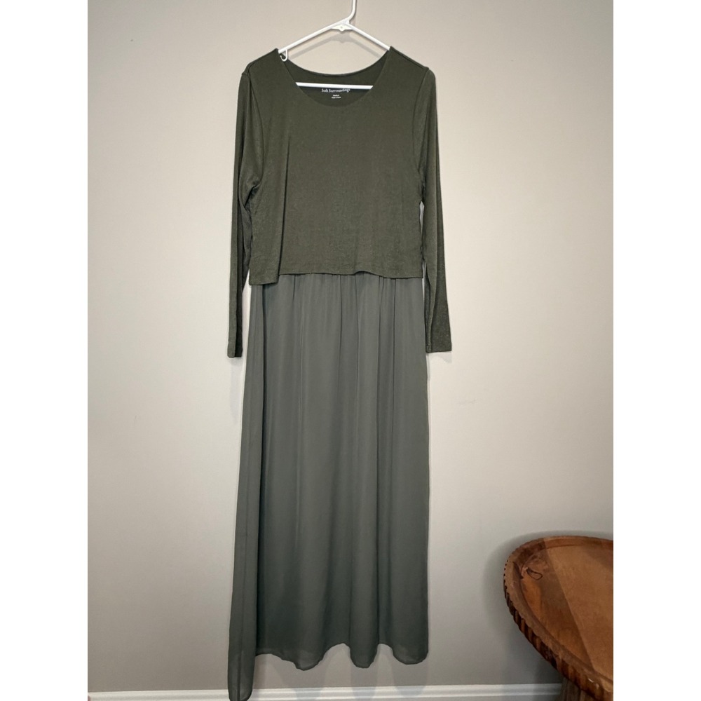 Soft Surroundings Olive Green Layered Maxi Dress Medium Boho Long Sleeve Stretch - Picture 2 of 8